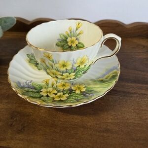 Vintage Aynsley Discontinued Ruffle Bone China Teacup & Saucer in Primula Meadow